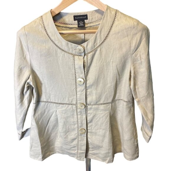 Rafaella Tan Linen Round Neck Buttoned Long Sleeve Peplum Top Sz 10 - Picture 1 of 8